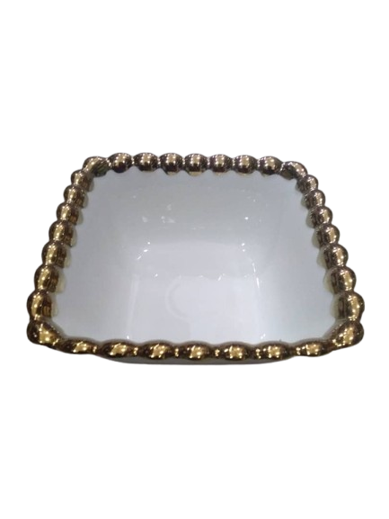 Gold and white ceramic round bowl
